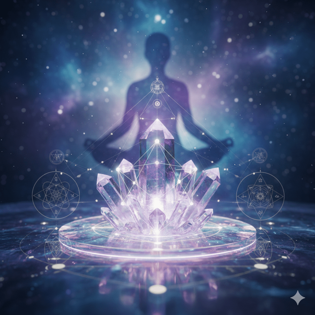 Representação visual da terapia Tameana com cristais energizados e meditação no cosmo