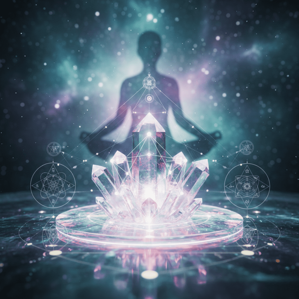 Representação visual da terapia Tameana com cristais energizados e meditação no cosmo